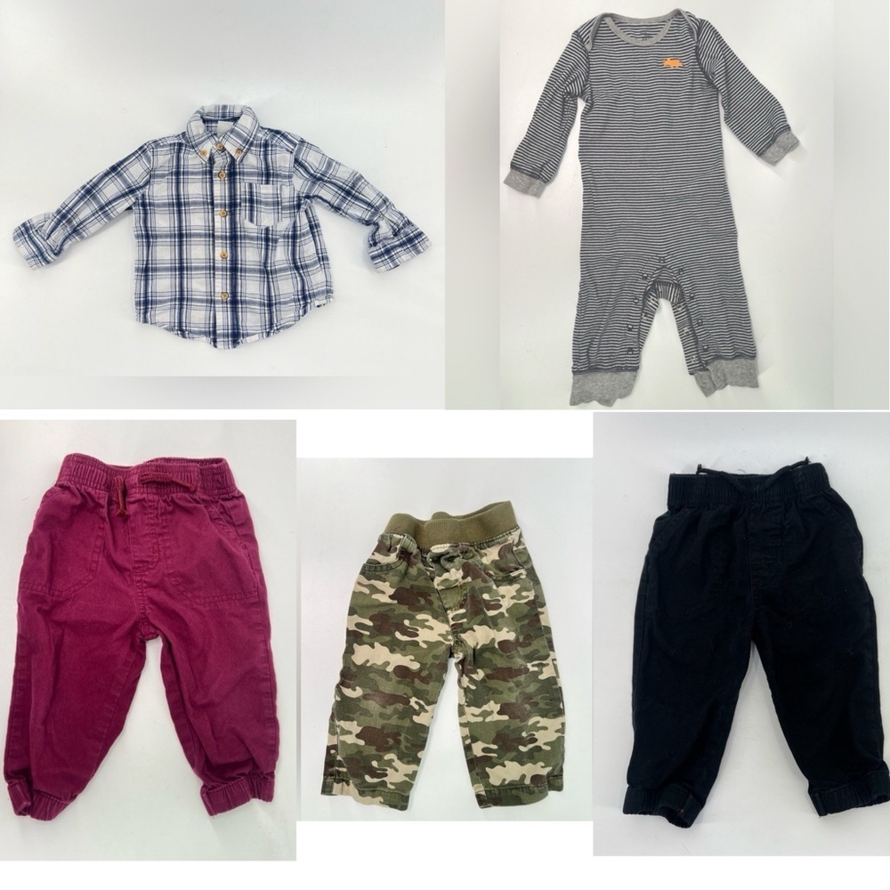 Baby Boy Bundle 5 Items 3 Pants, 1 One Piece, 1 Long Sleeve Shirt All Size 12 Mo